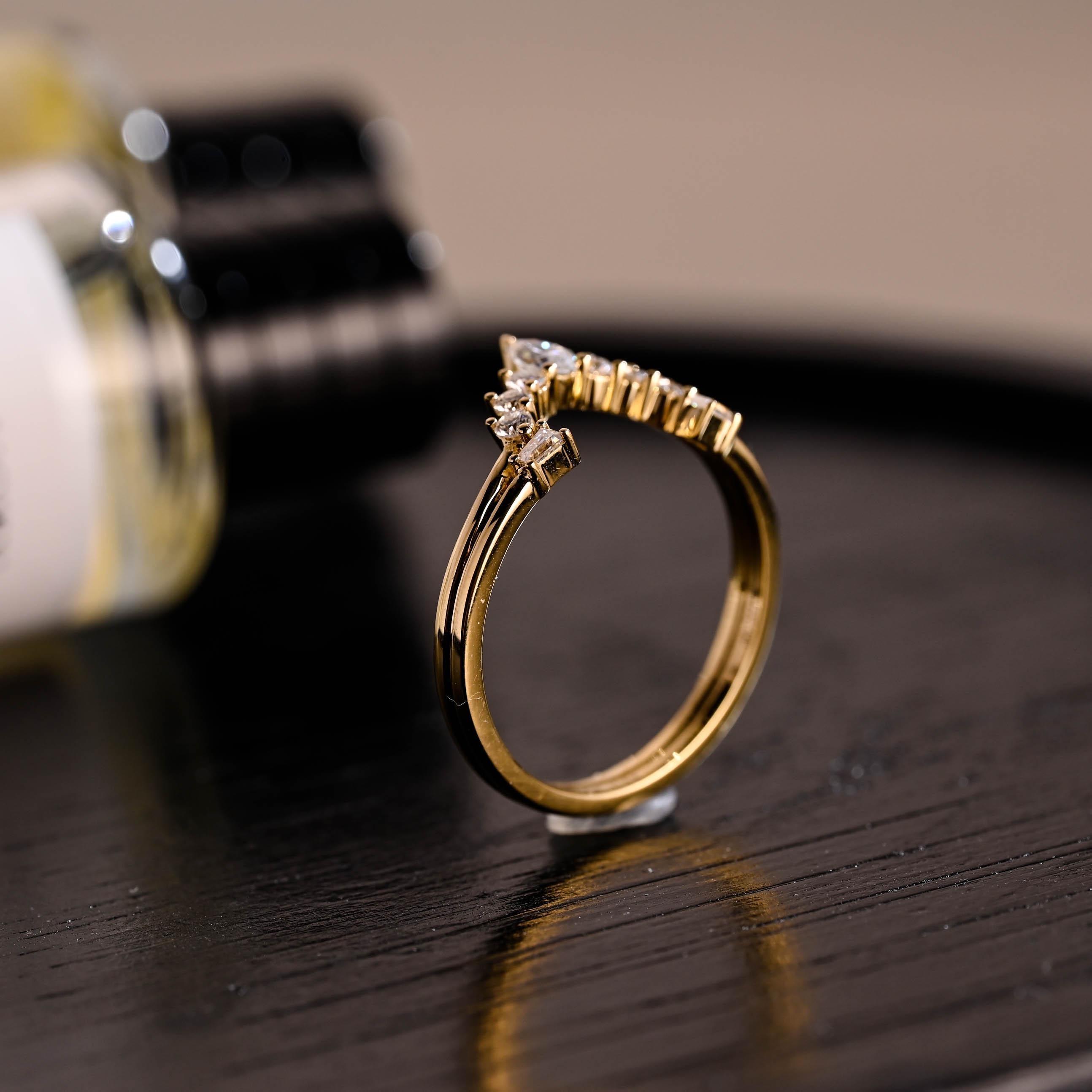 Solid Gold Moissanite Nesting Wedding Band, Stackable Curved Ring