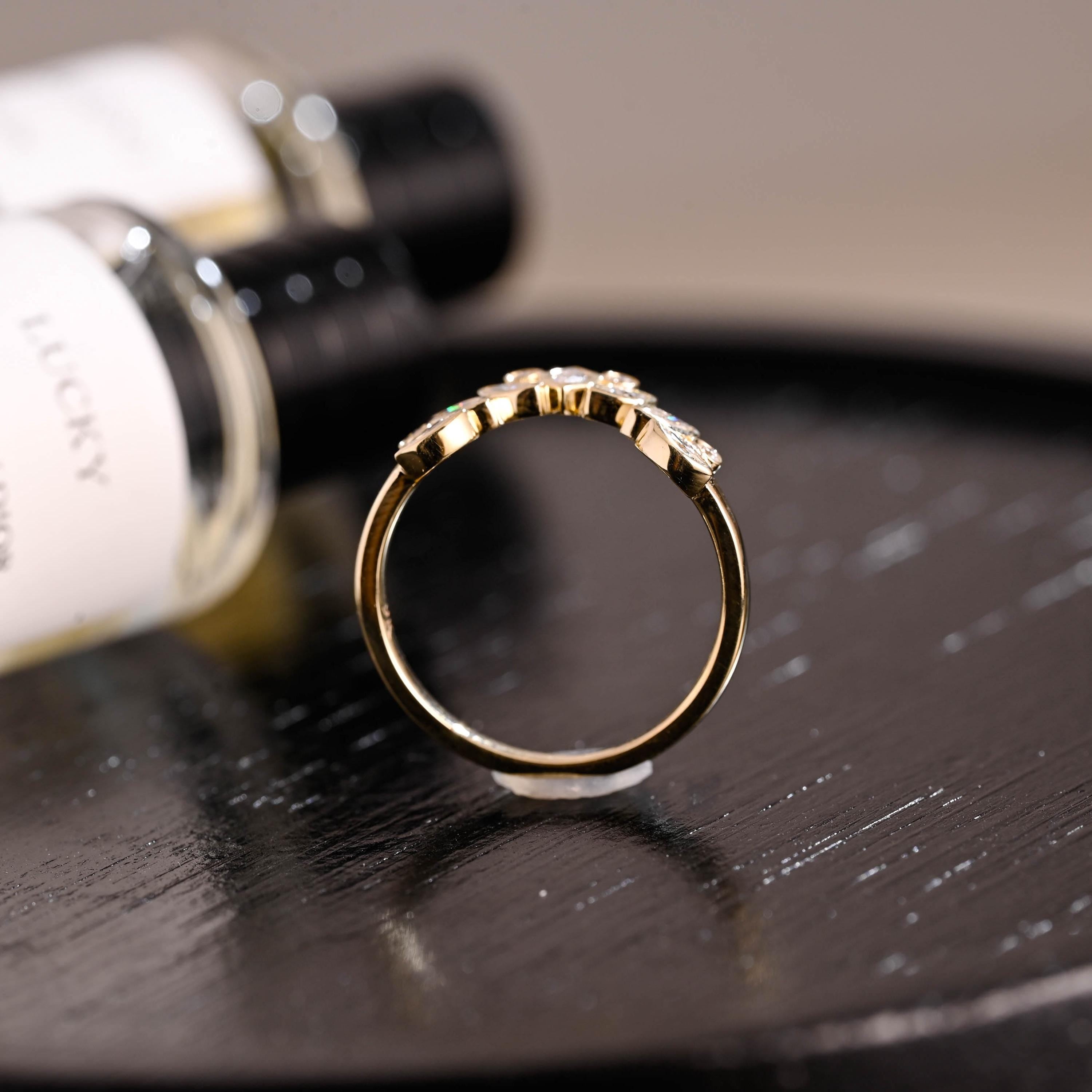 Curved Solid Gold Moissanite Wedding Band, Bezel Nest Ring