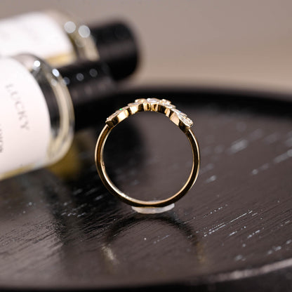 Curved Solid Gold Moissanite Wedding Band, Bezel Nest Ring