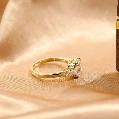 Solid Gold Asscher Moissanite Engagement Ring, Three Stone Wedding Ring