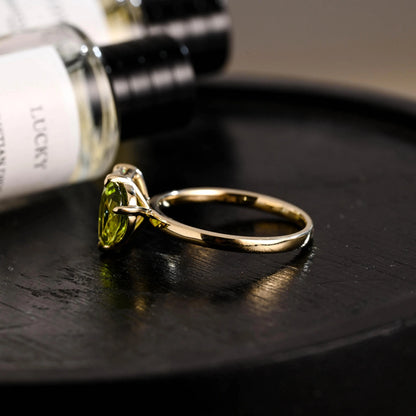 Solid Gold Toi et Moi Emerald Cut Moissanite & Pear Lab Grown Peridot Engagement Ring