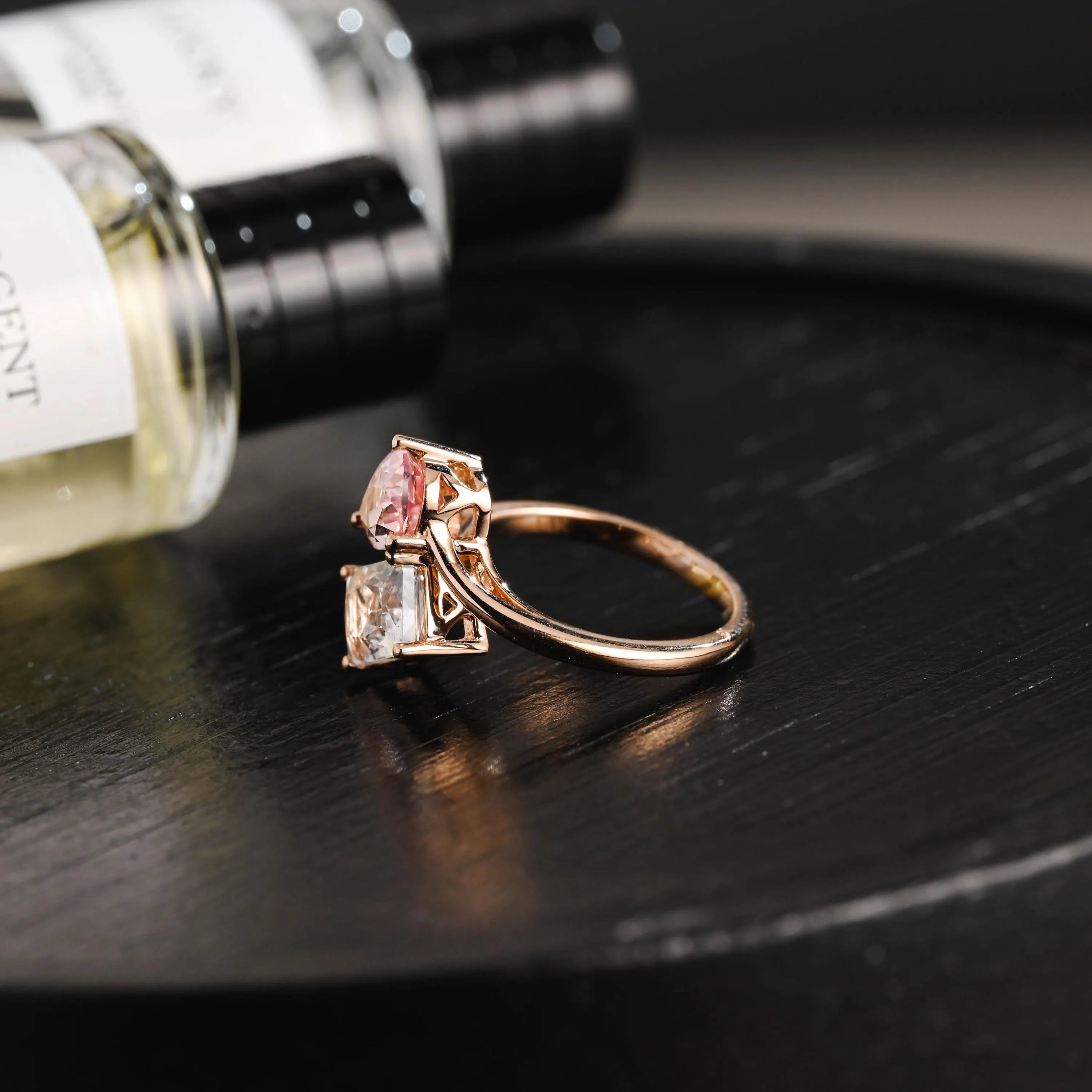 Solid Gold Toi et Moi Lab Grown Pink Sapphire & Emerald Cut Two Stone Moissanite Engagement Ring