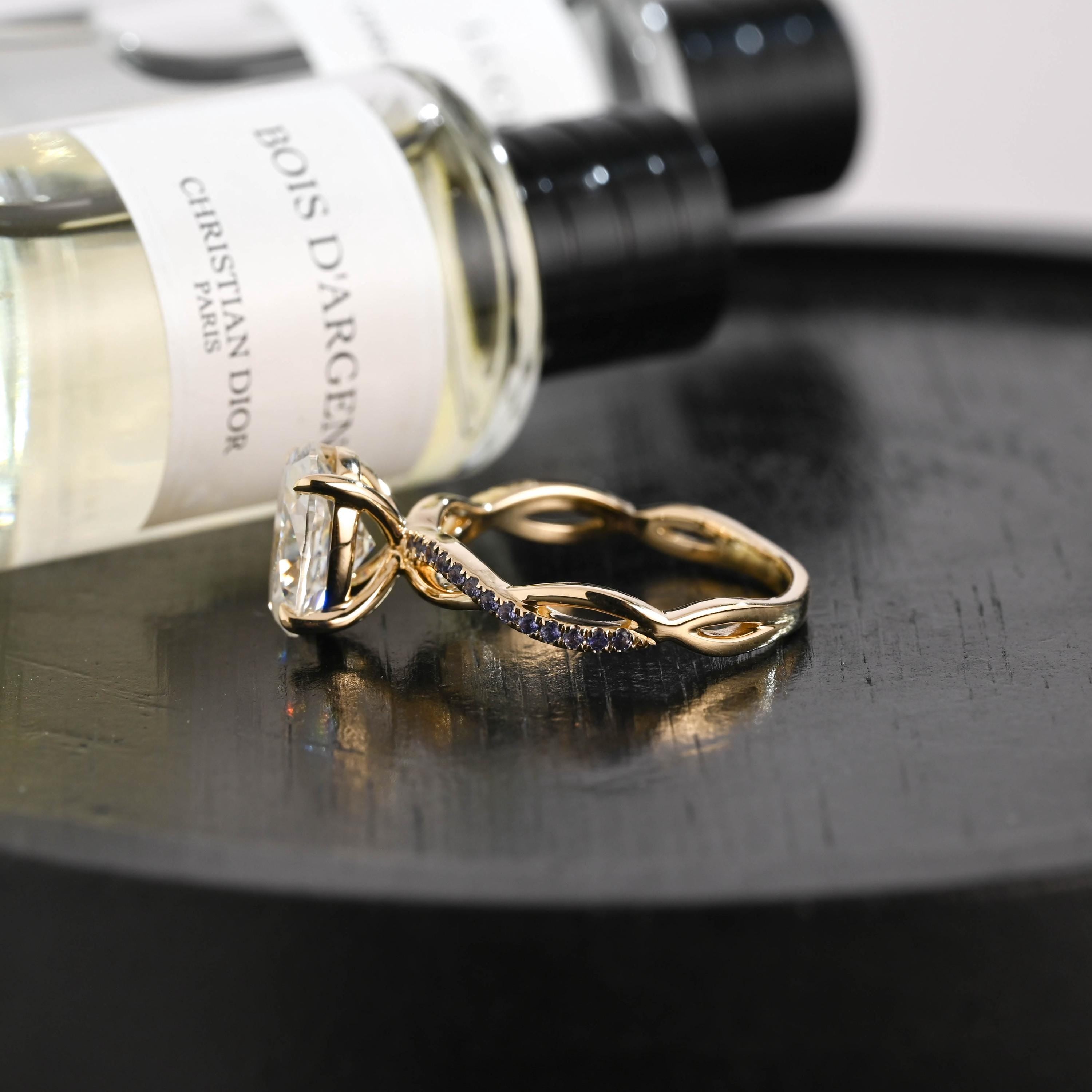 Solid Gold Oval Cut Moissanite Engagement Ring, Twisted Proposal Ring