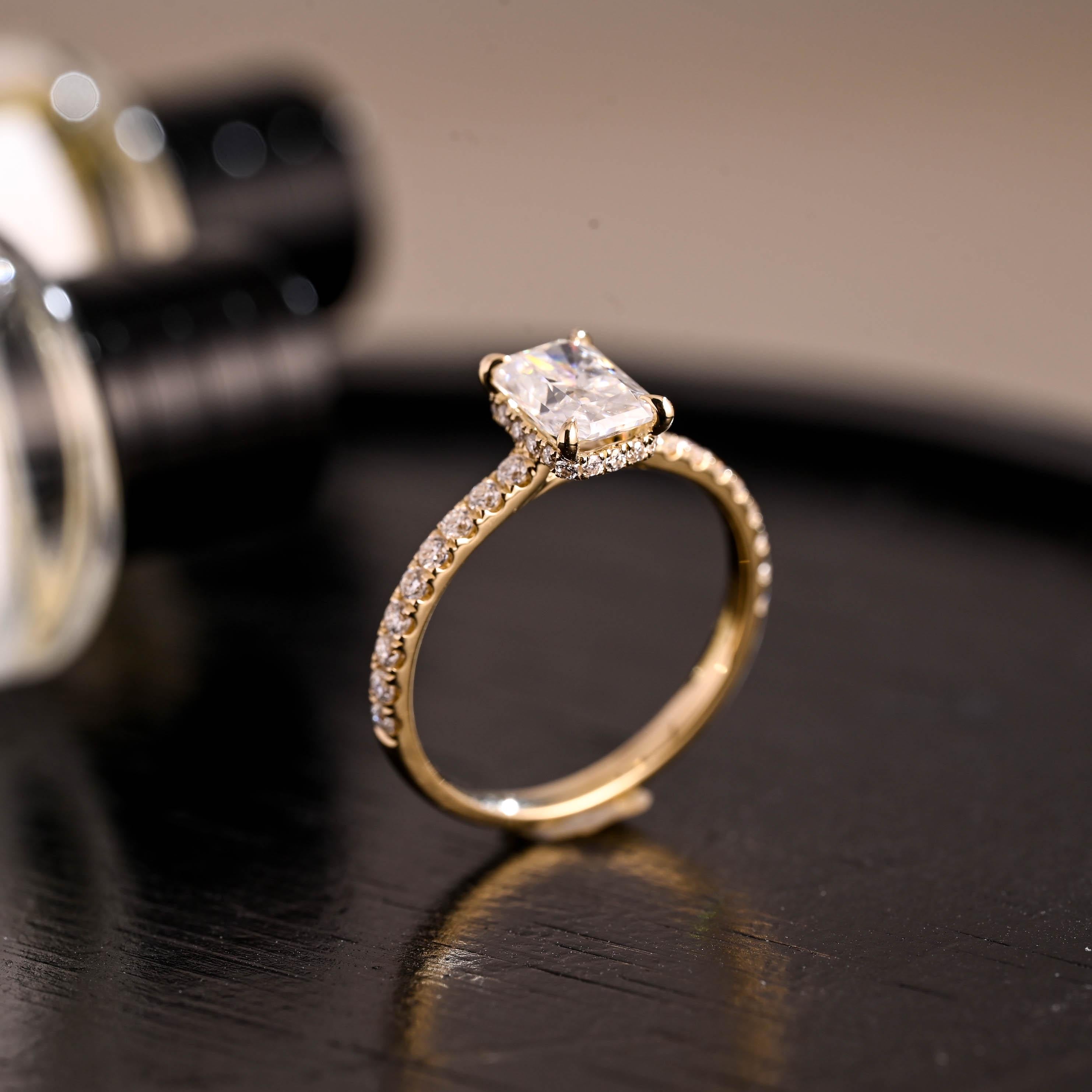 Solid Gold Cathedral Setting Radiant Cut Moissanite Engagement Ring, Hidden Halo Pave Wedding Ring