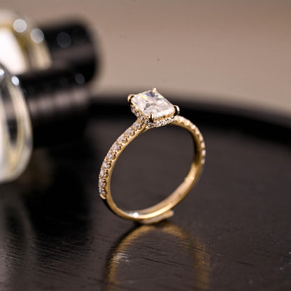 Solid Gold Cathedral Setting Radiant Cut Moissanite Engagement Ring, Hidden Halo Pave Wedding Ring