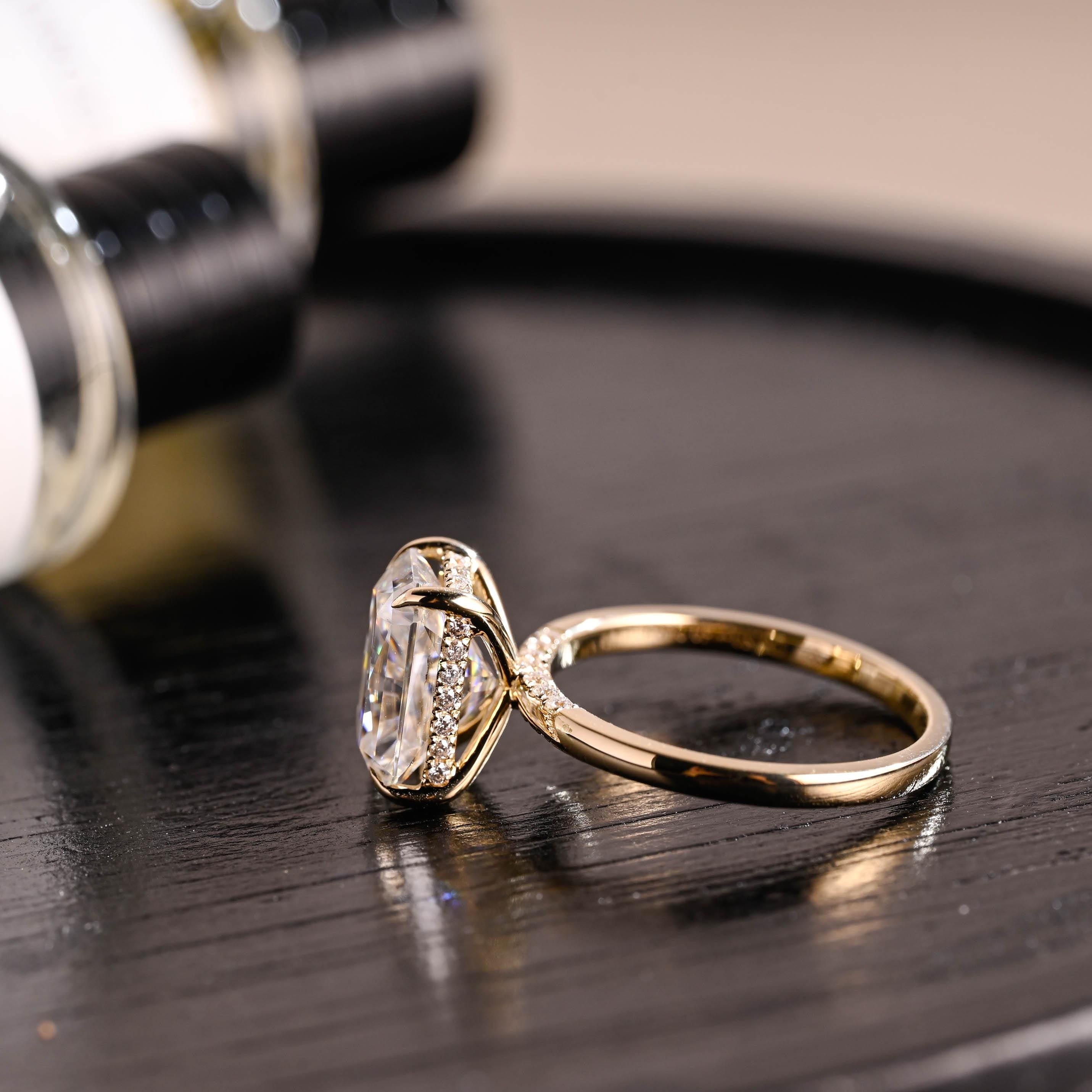 Solid Gold Hidden Halo Radiant Cut Moissanite Engagement Ring, Anniversary Ring for Her