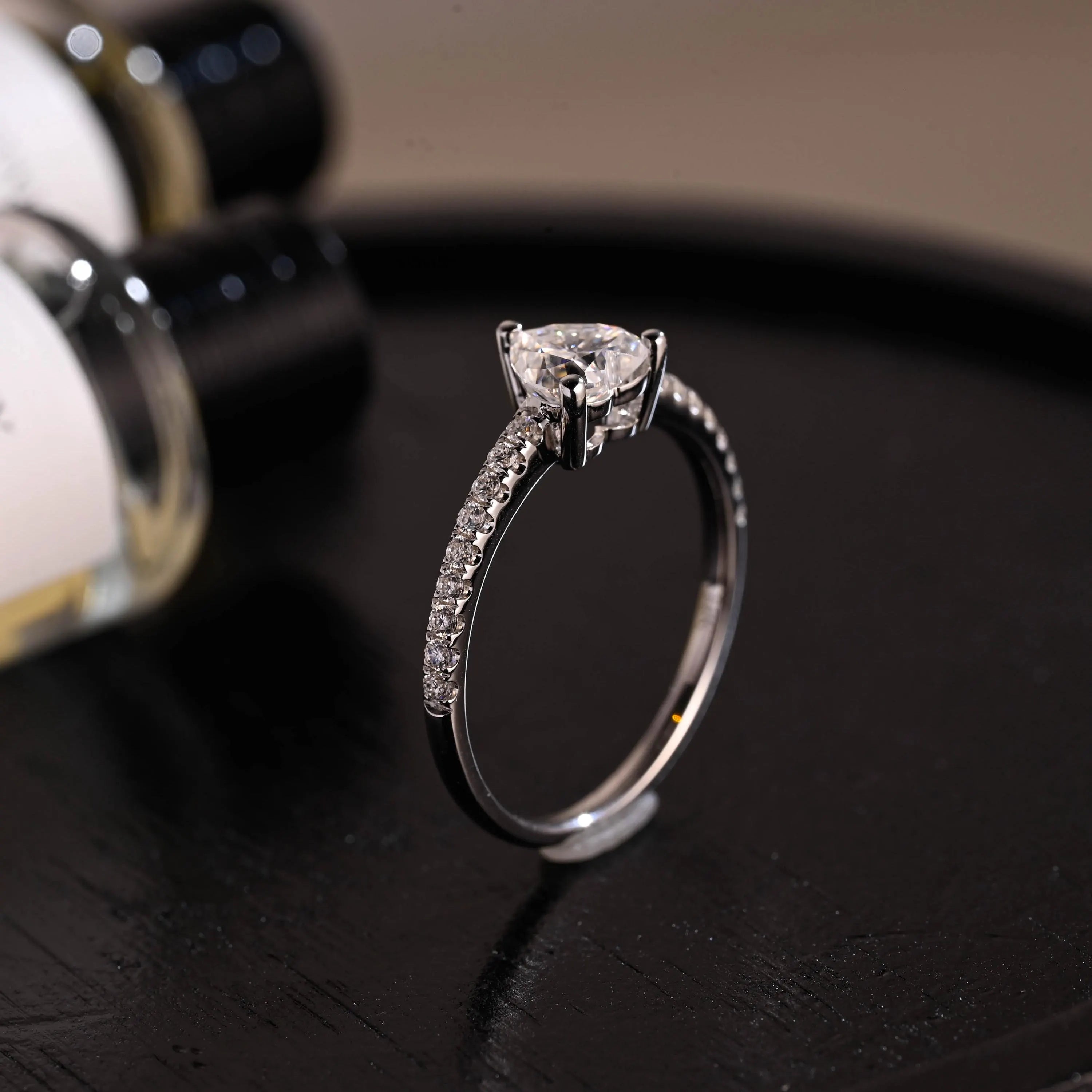 Solid Gold Heart Cut Pave Band Moissanite Engagement Ring, Proposal Ring, Promise Ring
