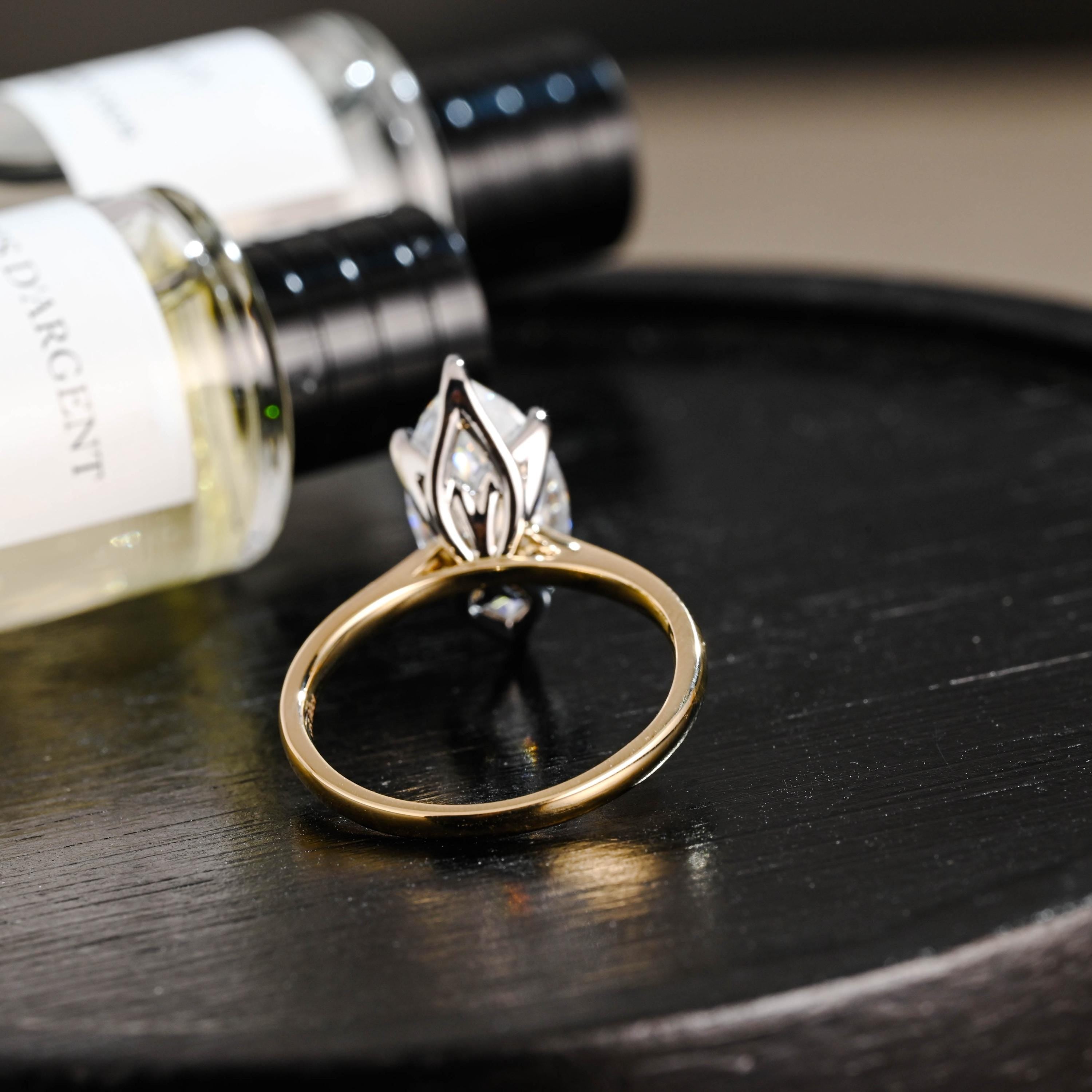 Two Tone Tulip Setting Marquise Moissanite Ring, Solid Gold Engagement Ring