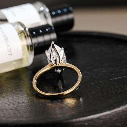 Two Tone Tulip Setting Marquise Moissanite Ring, Solid Gold Engagement Ring
