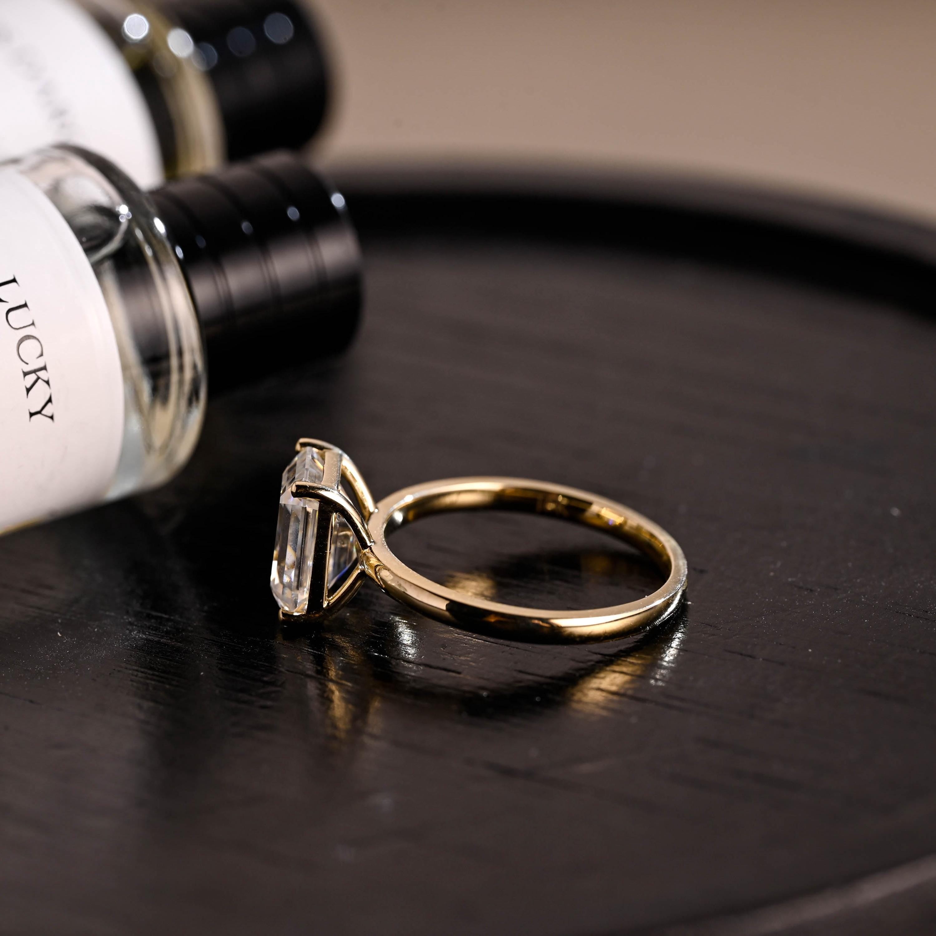 Solid Gold Emerald Cut Moissanite Engagement Ring, Solitaire Emerald Cut Wedding Ring