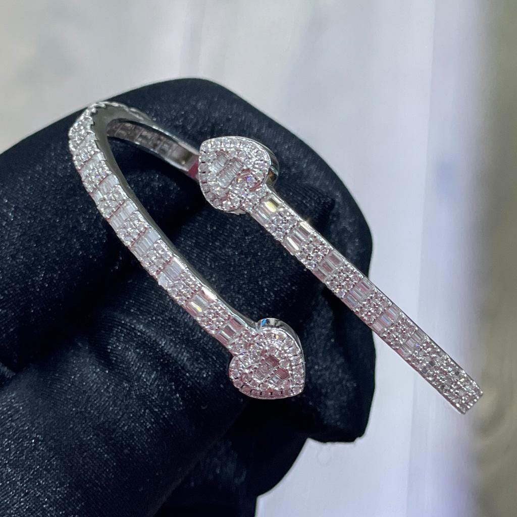 Iced Out Moissanite Heart Bangle Bracelet: 925 Sterling Silver