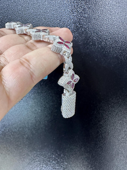 Iced Out Clover Bracelet: 925 Sterling Silver, Moissanite & Red Sapphire