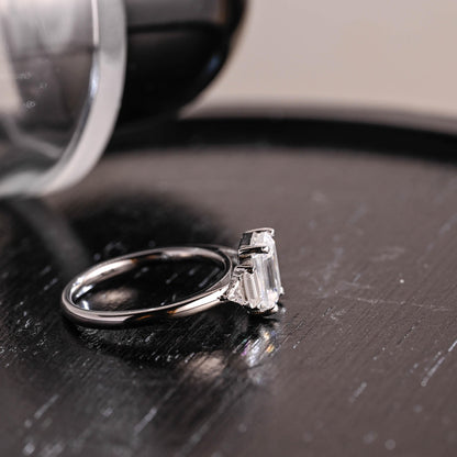 Three Stone Emerald Cut Moissanite Engagement Ring, Solid Gold Emerald Cut Moissanite Wedding Ring, Anniversary Ring, Moissanite Gifts