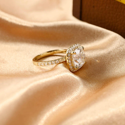 Solid Gold Cushion Cut Moissanite Engagement Ring, Halo Cushion Cut Wedding Ring, Half Pave Anniversary Ring for Her, Moissanite Gift