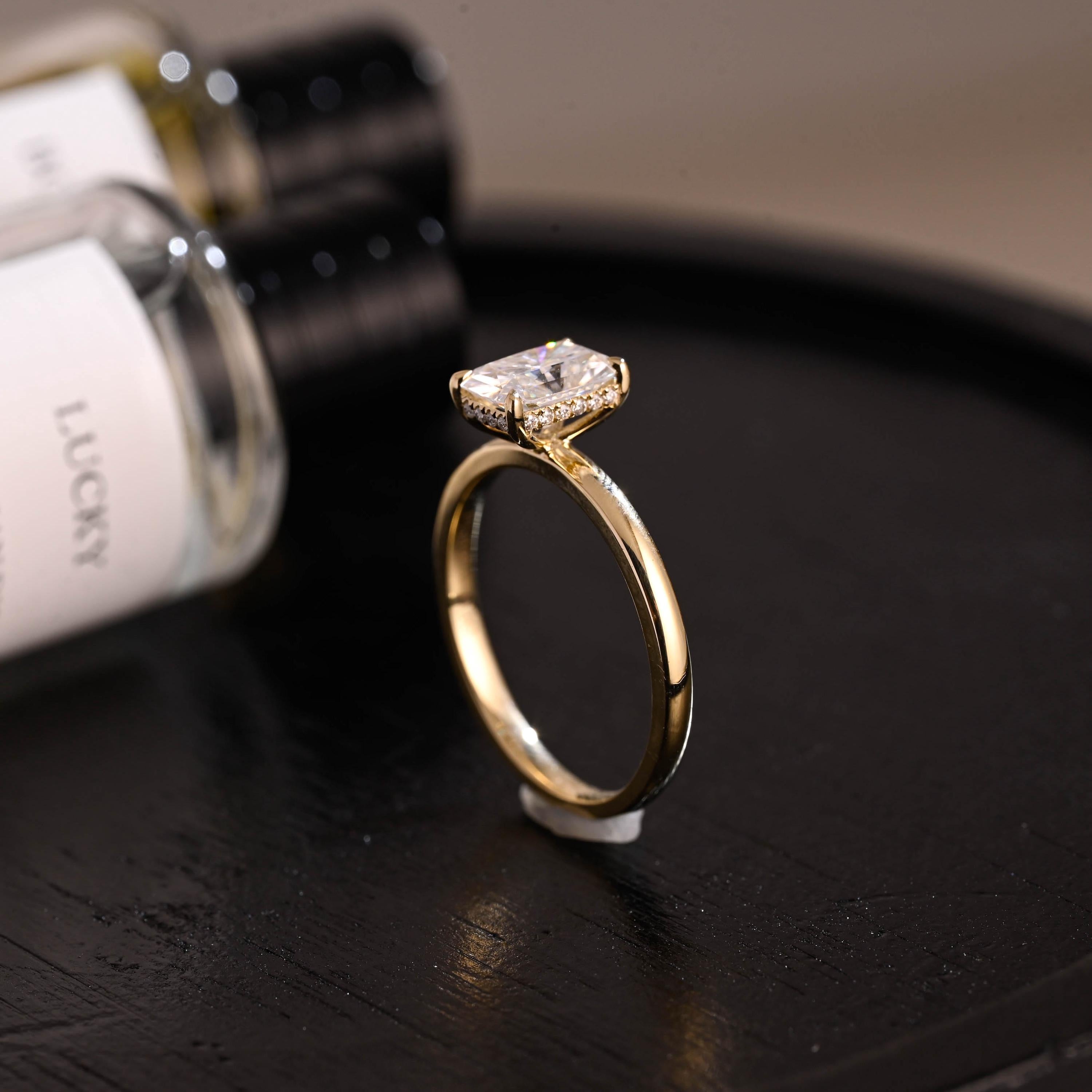 Solid Gold Hidden Halo Radiant Cut Moissanite Engagement Ring, Anniversary Ring for Her