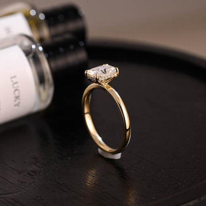 Solid Gold Hidden Halo Radiant Cut Moissanite Engagement Ring, Anniversary Ring for Her