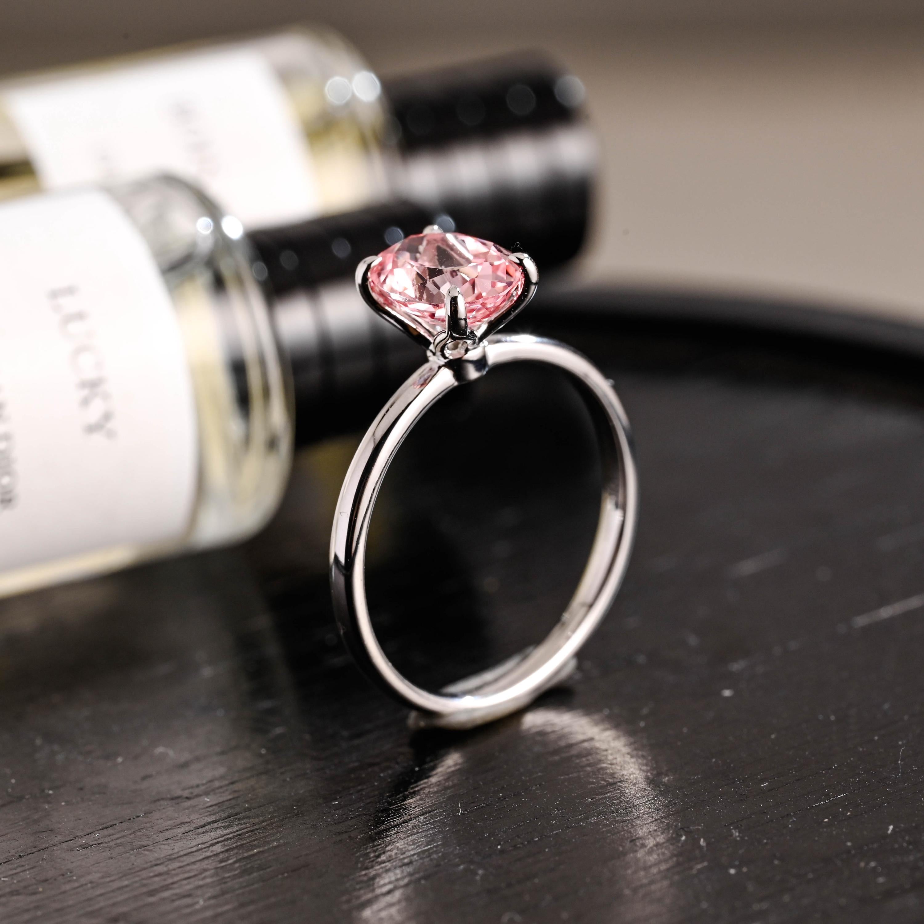 Solid Gold Tulip Setting Oval Cut Lab Grown Pink Sapphire Engagement Ring