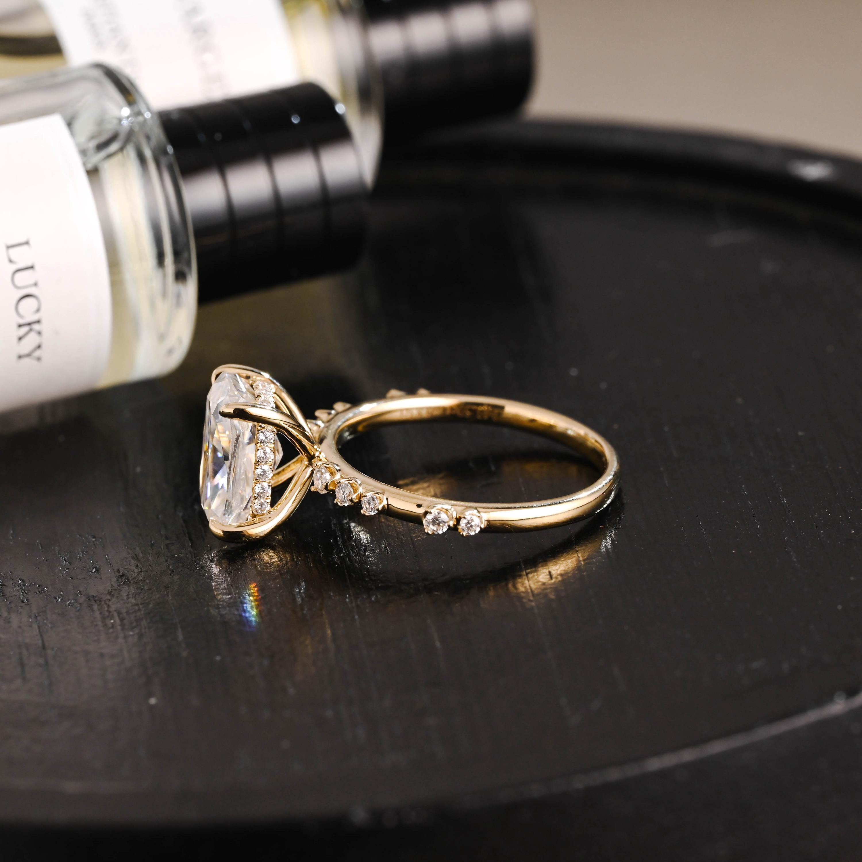 Solid Gold Elongated Cushion Cut Moissanite Engagement Ring, Proposal Ring, Round Cut Promise Ring, Anniversary Gift Birthday Gift for Women