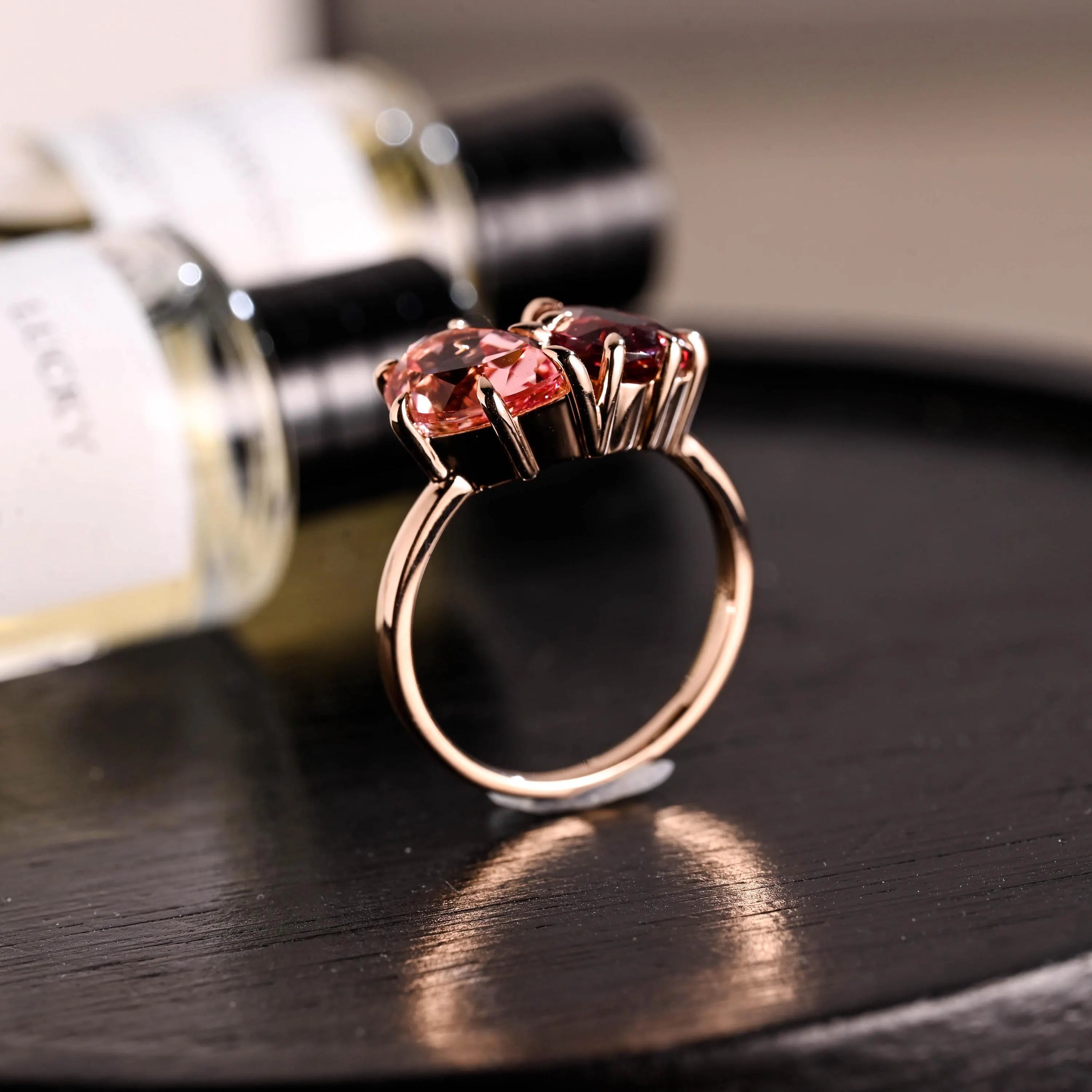 Toi et Moi Heart Garnet Ring Engagement Ring, Lab Pink Pear Sapphire Solid Gold Wedding Ring