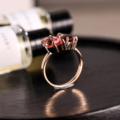 Toi et Moi Heart Garnet Ring Engagement Ring, Lab Pink Pear Sapphire Solid Gold Wedding Ring