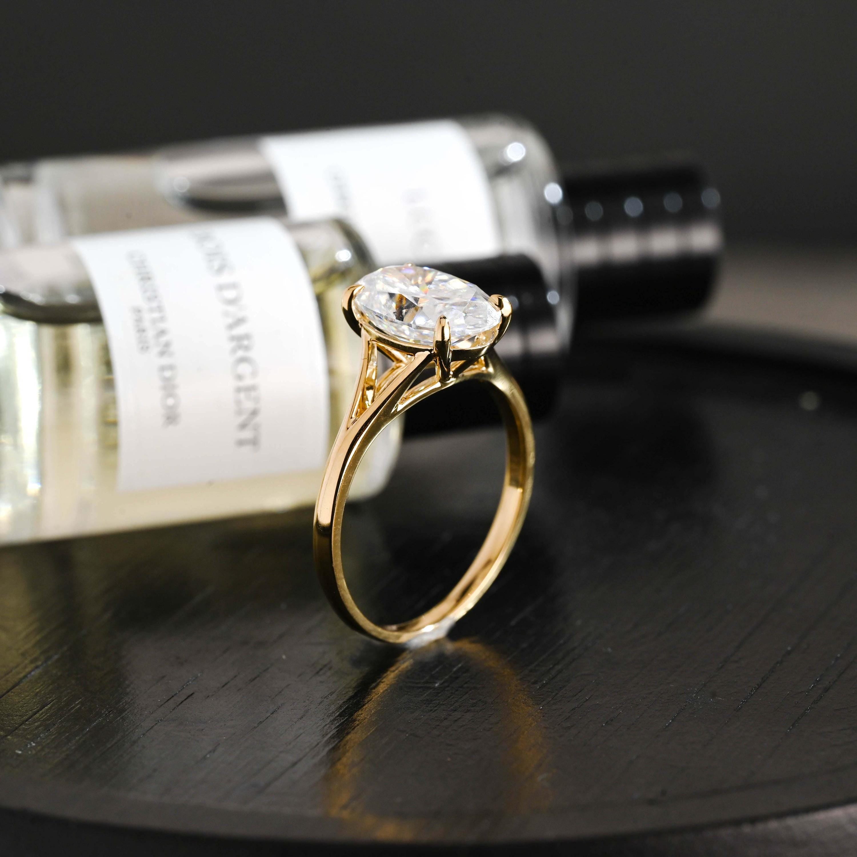 Solid Gold Solitaire Oval Cut Moissanite Engagement Ring, Anniversary Ring for Women