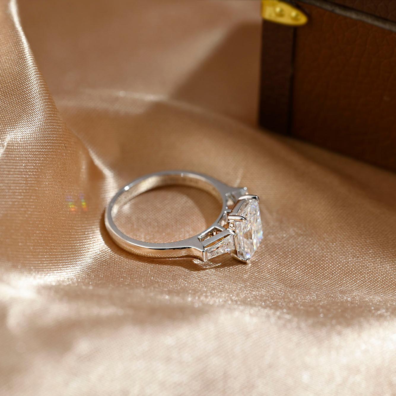 Solid Gold Three Stone Radiant Cut Moissanite Engagement Ring, Anniversary Ring for Her