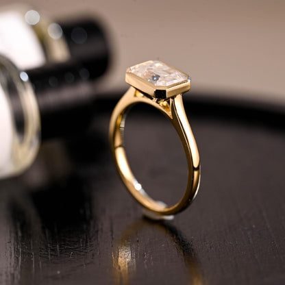 Solid Gold Emerald Cut Moissanite Engagement Ring, East to West Solitaire Ring, Gift for Her