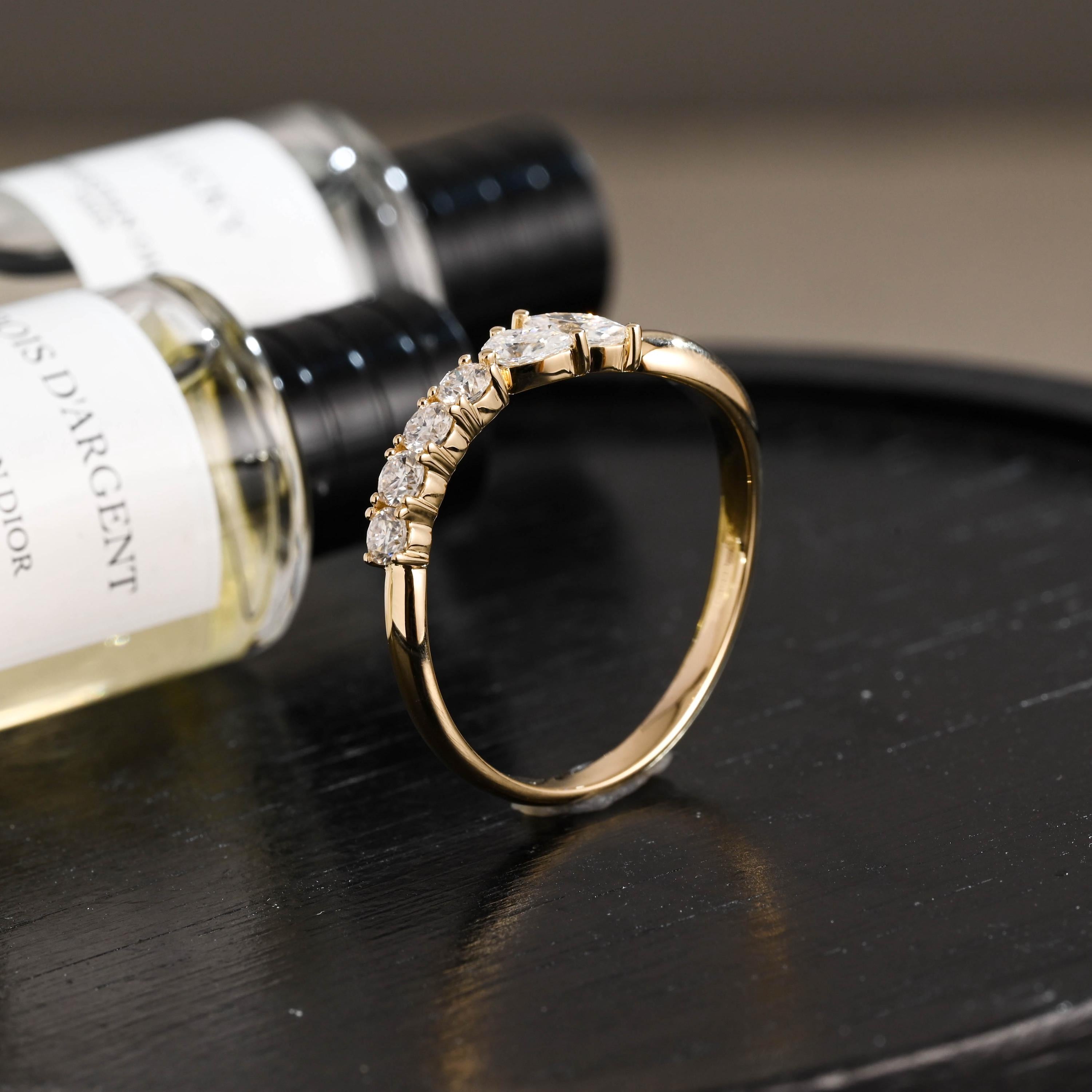 Solid Gold Marquise Pear Cut Moissanite Wedding Band, Matching Ring
