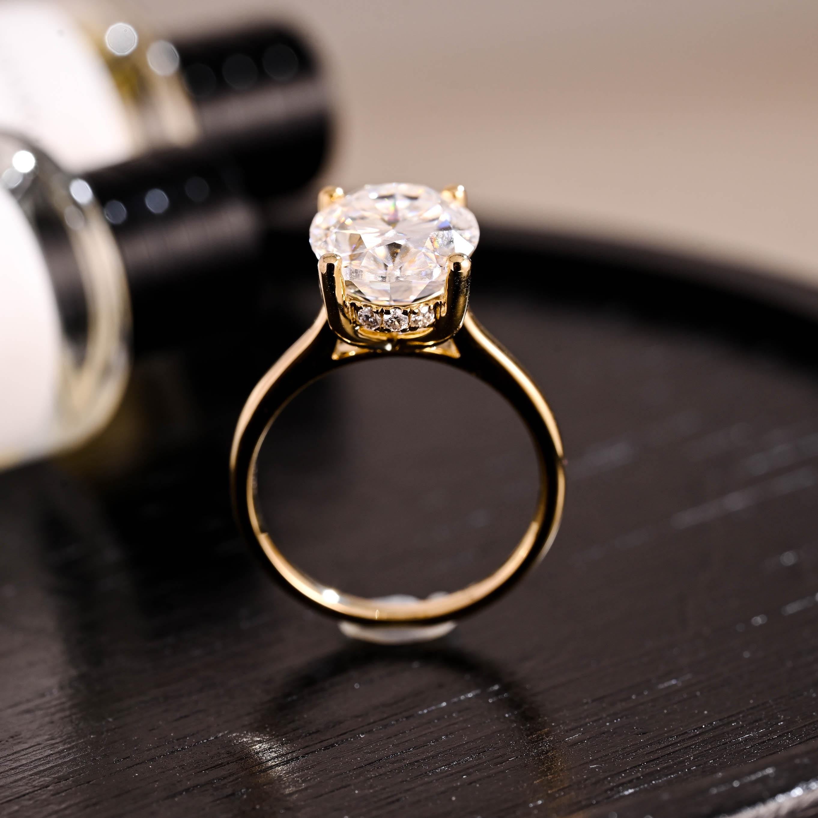 Solid Gold Oval Cut Moissanite Engagement Ring, Hidden Halo Wedding Ring, Cathedral Setting
