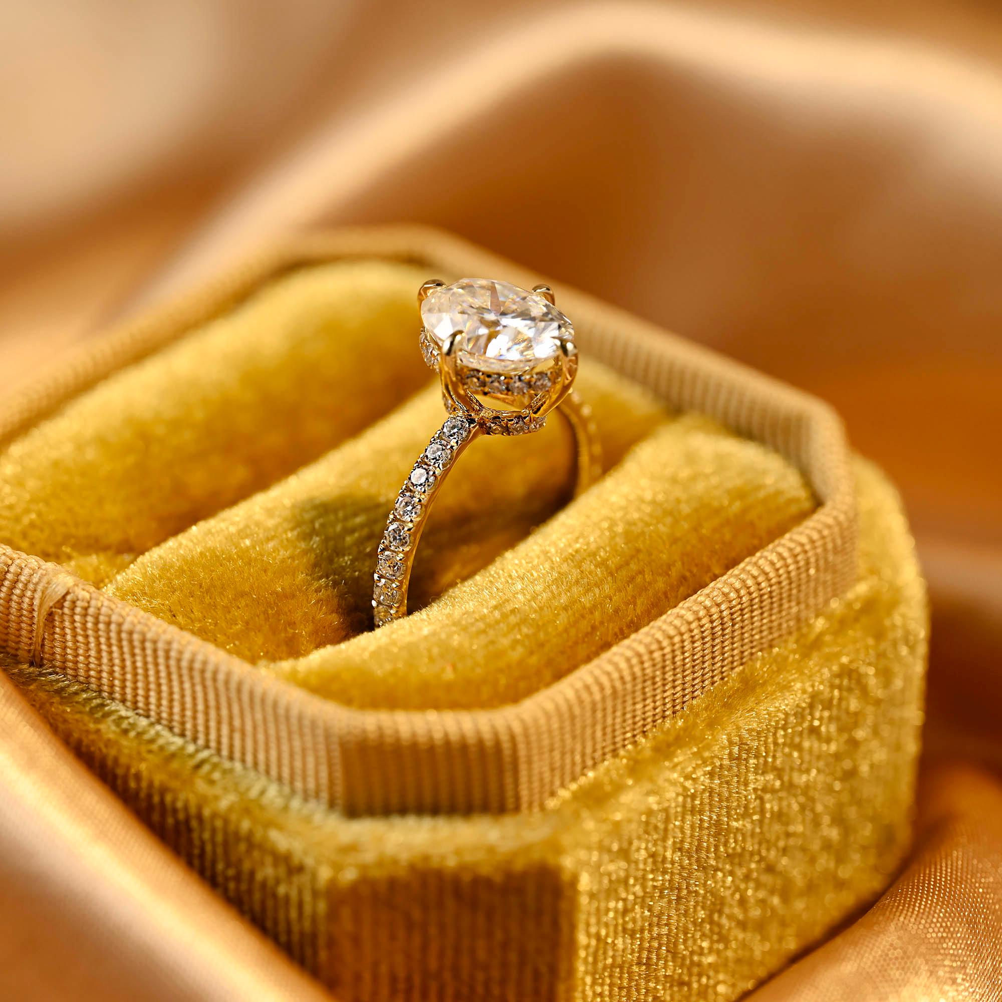 Solid Gold Double Hidden Halo Oval Cut Moissanite Engagement Ring