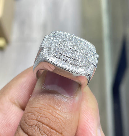 Iced Out Moissanite Square Pinky Ring: Solid Sterling Silver, 5.62 Carat Round Moissanite Ring