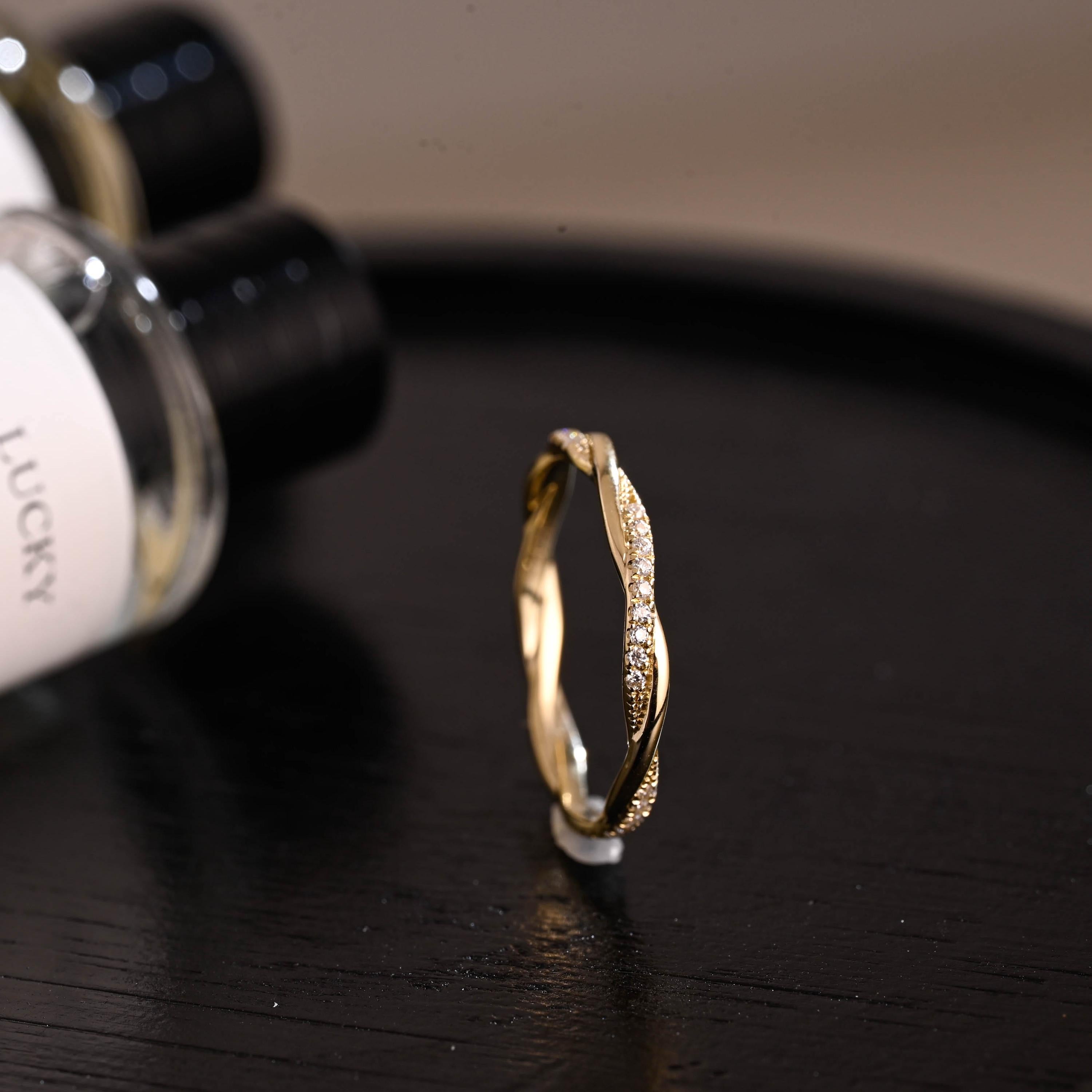 Twisted Moissanite Wedding Band, Solid Gold Eternity Ring, Stackable Anniversary