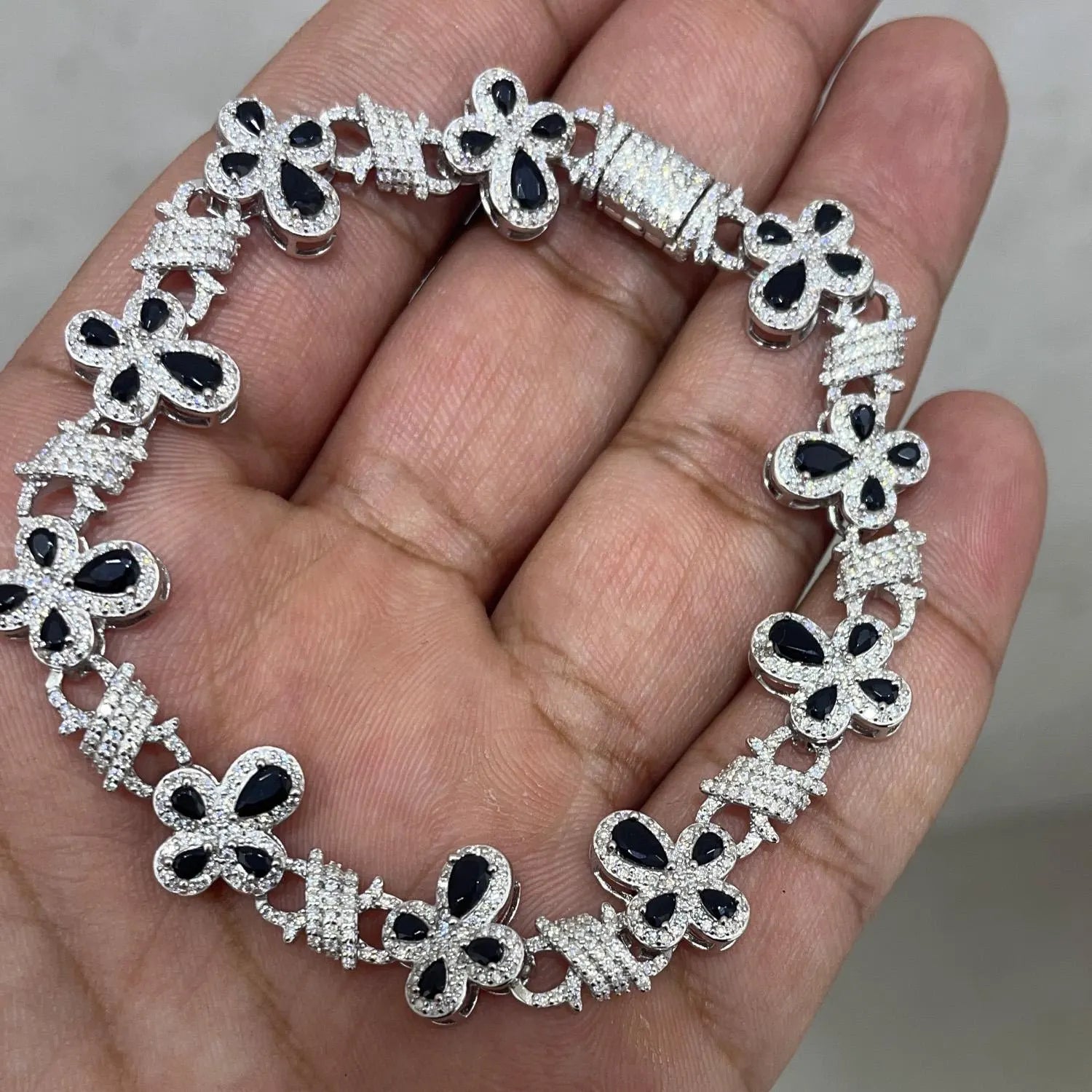 Moissanite Bracelet: Black Sapphire Cross, Sterling Silver, Iced Out 3.76ctw | 13.8mm