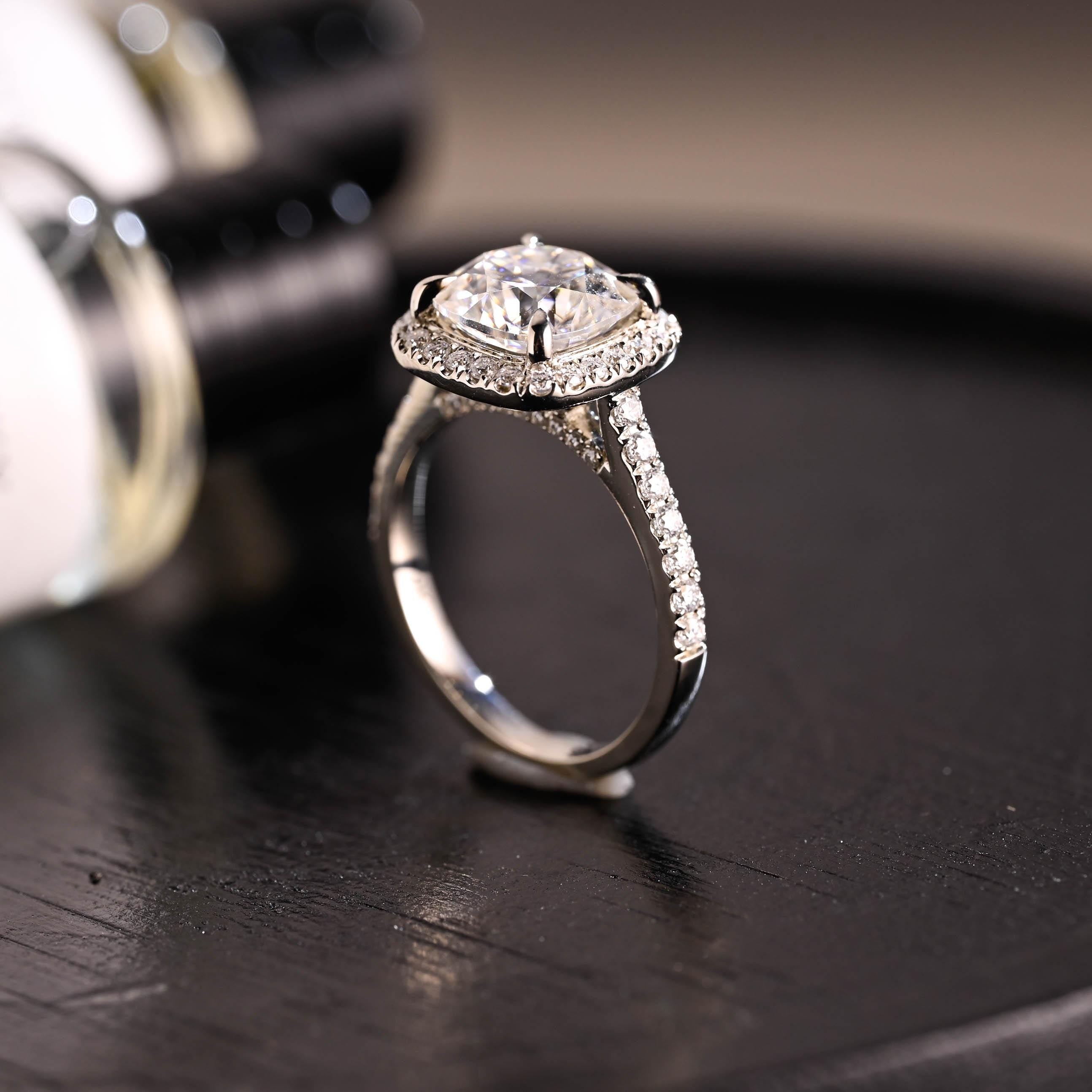 Solid Gold Cushion Cut Moissanite Engagement Ring, Halo Cushion Cut Wedding Ring, Half Pave Anniversary Ring, Bridge Halo Moissanite Ring
