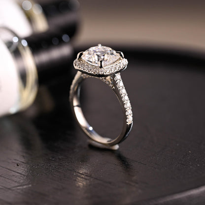 Solid Gold Cushion Cut Moissanite Engagement Ring, Halo Cushion Cut Wedding Ring, Half Pave Anniversary Ring, Bridge Halo Moissanite Ring