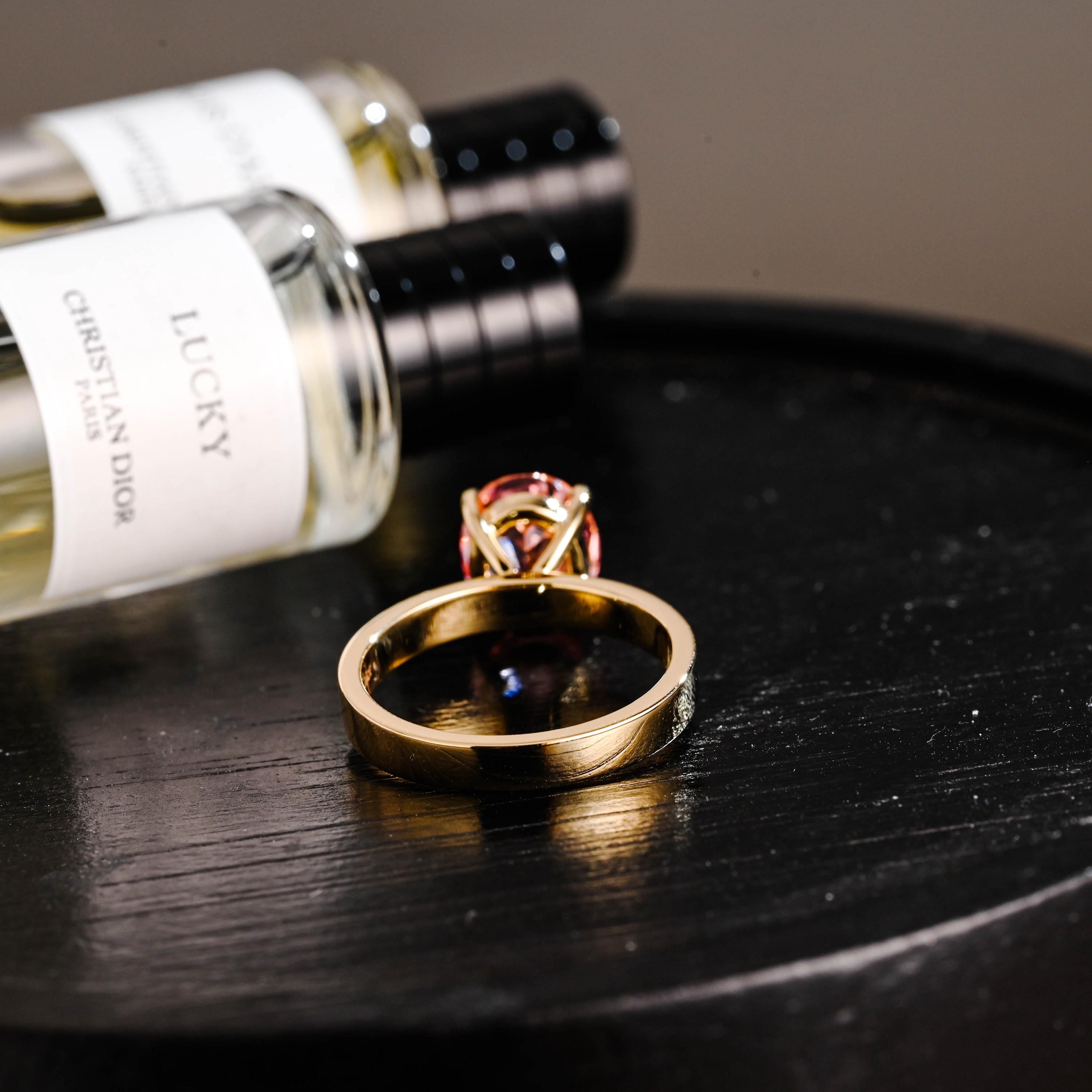 Solid Gold Oval Cut Solitaire Lab Grown Pink Sapphire Engagement Ring, 3mm Wide Proposal Ring