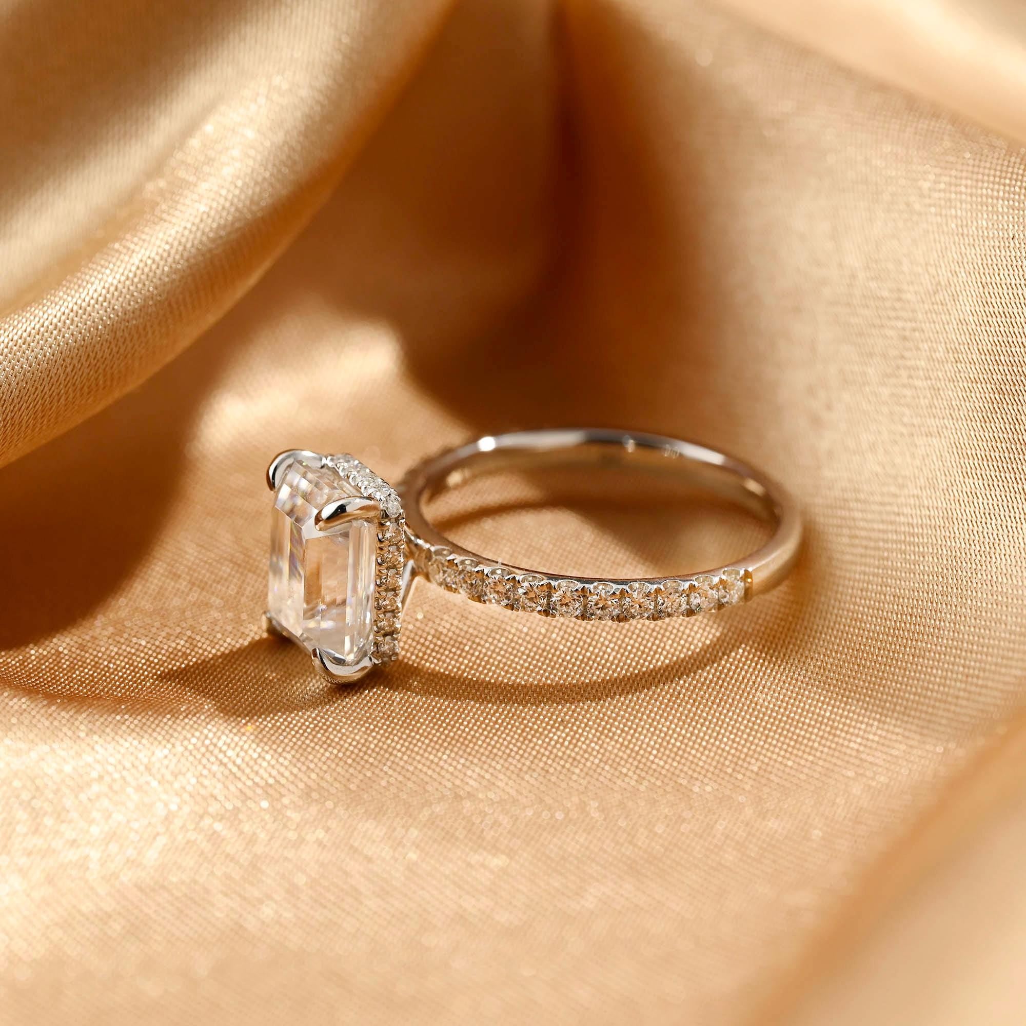 Half Eternity Emerald Cut Moissanite Engagement Ring, Solid Gold Hidden Halo Pave Emerald Cut Moissanite Wedding Ring, Anniversary Ring