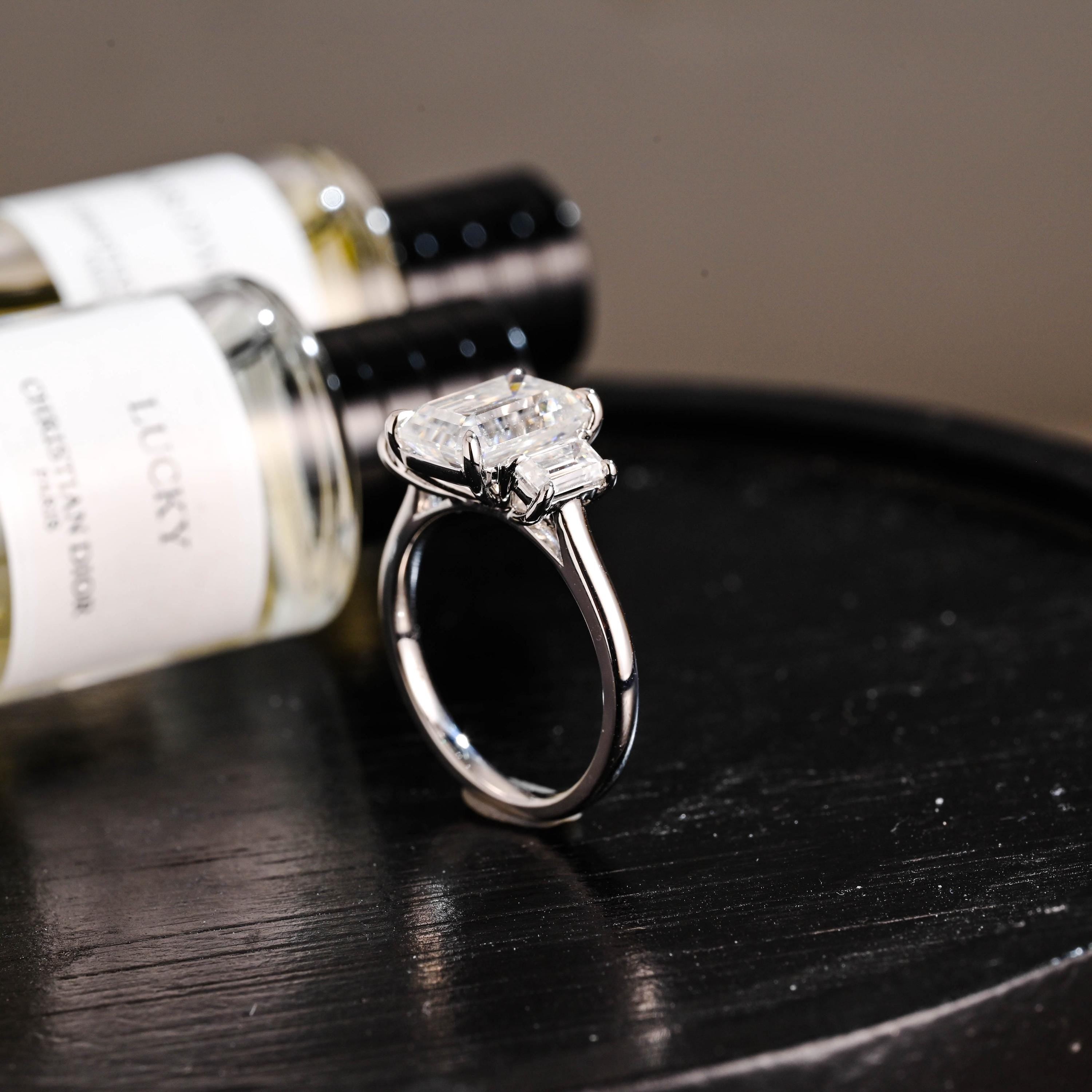 Three Stone Emerald Cut Moissanite Engagement Ring, Solid Gold Promise Ring, Gold Proposal Ring, Anniversary Gift Birthday Gift for Women