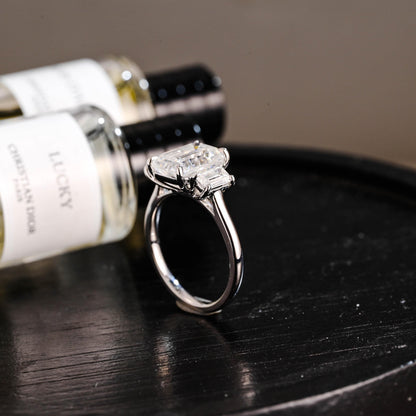 Three Stone Emerald Cut Moissanite Engagement Ring, Solid Gold Promise Ring, Gold Proposal Ring, Anniversary Gift Birthday Gift for Women