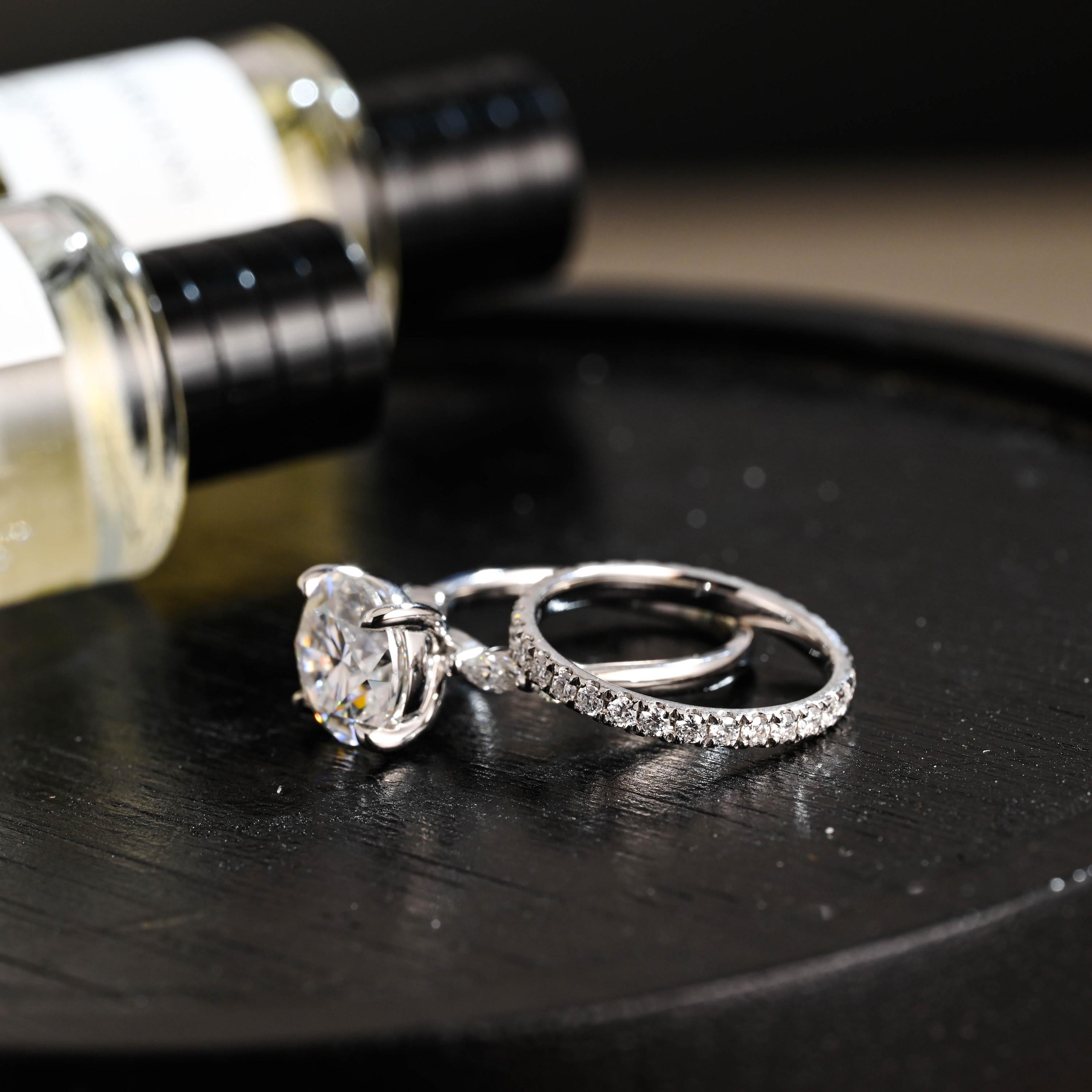 Solid Gold Round Moissanite Engagement Ring Set, Wedding Ring Set, Half Eternity Ring Bridal Set