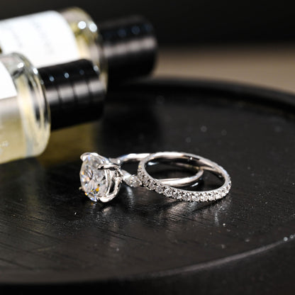 Solid Gold Round Moissanite Engagement Ring Set, Wedding Ring Set, Half Eternity Ring Bridal Set