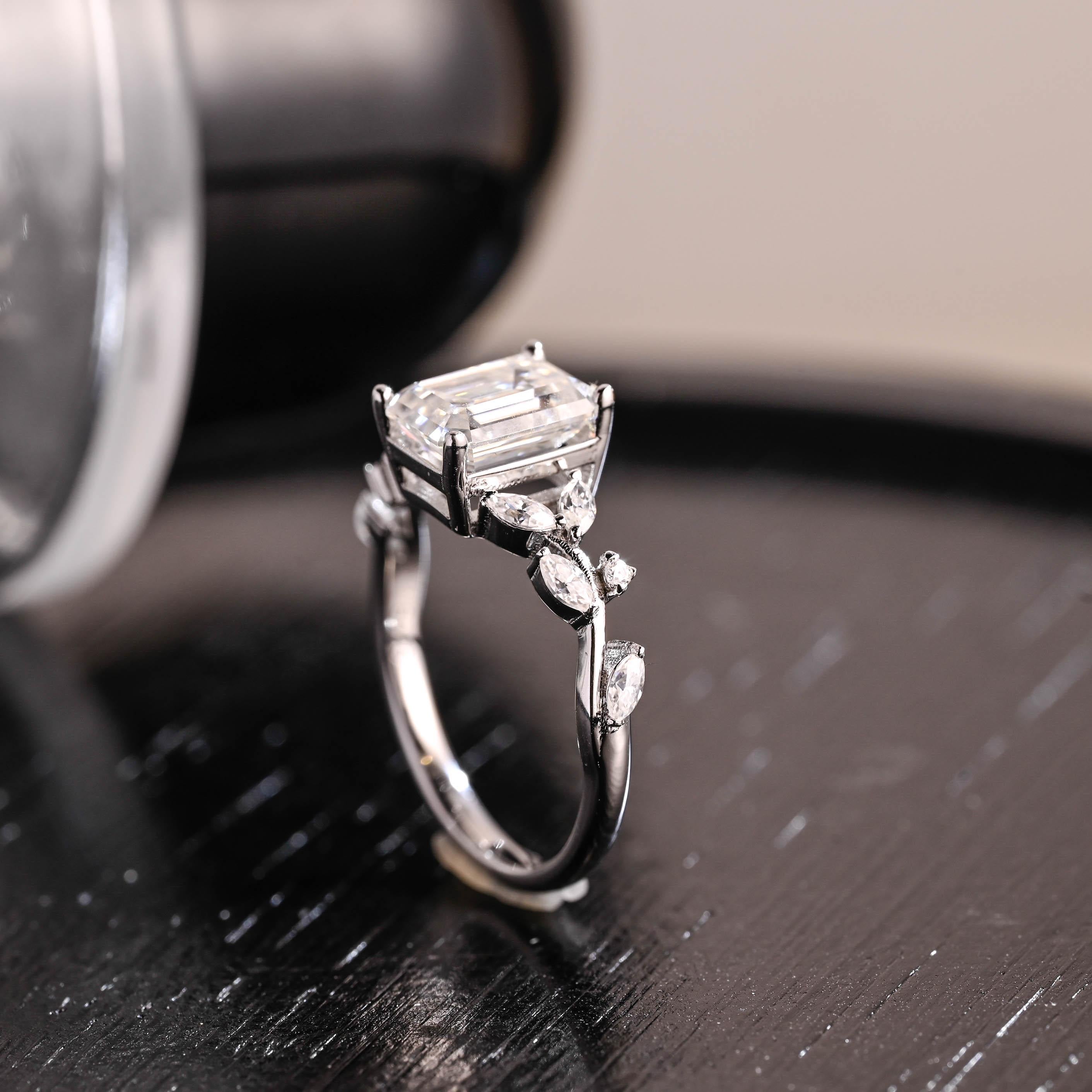 Solid Gold Side Cluster Emerald Cut Moissanite Engagement Ring, Anniversary Ring, Moissanite Leaf Ring