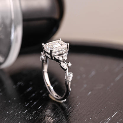 Solid Gold Side Cluster Emerald Cut Moissanite Engagement Ring, Anniversary Ring, Moissanite Leaf Ring
