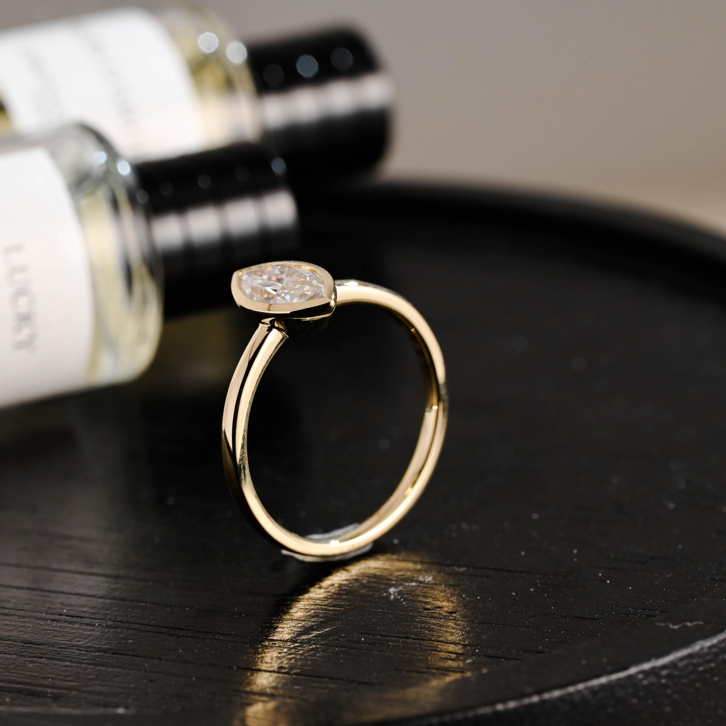 Solid Gold Marquise Cut Moissanite Engagement Ring, Solitaire Bezel Setting Ring