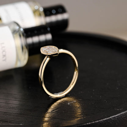 Solid Gold Marquise Cut Moissanite Engagement Ring, Solitaire Bezel Setting Ring
