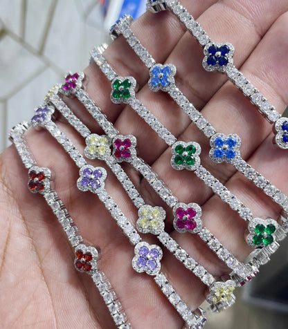 Moissanite Clover Chain Bracelet with 925 Sterling Silver, Diamond Cluster Bracelet, Diamond Flower Bracelet, Four Leaf Clover Bracelet
