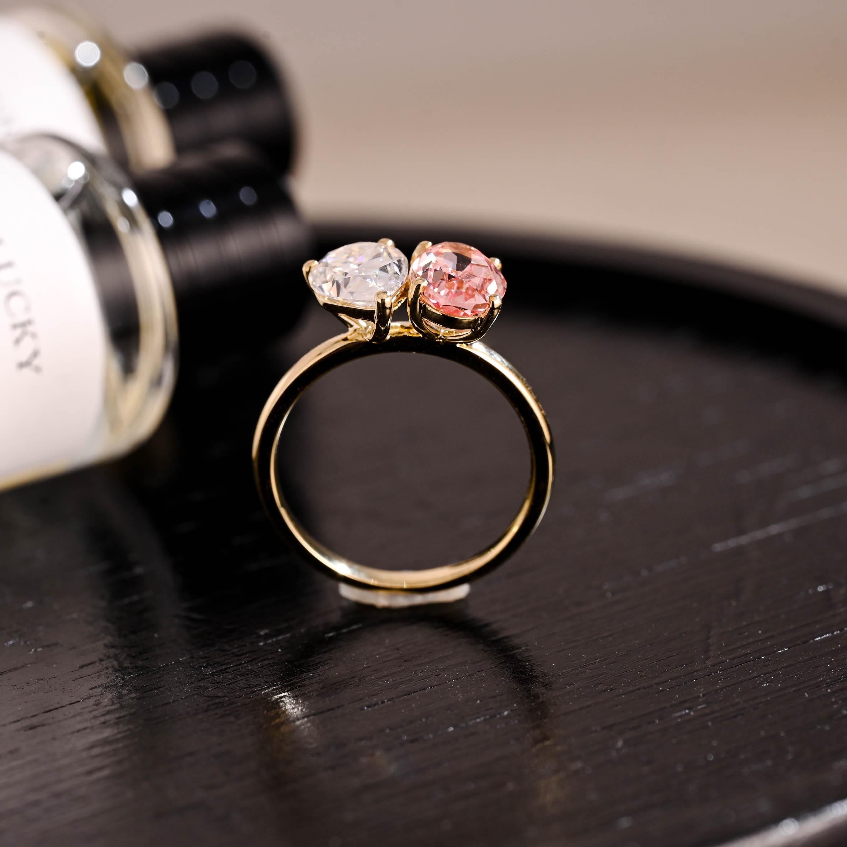Lab Grown Pink Sapphire Oval Cut Toi et Moi Ring, Solid Gold Memorial Two Stone Engagement Ring
