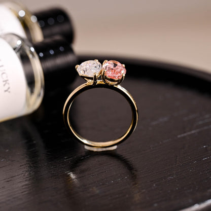 Lab Grown Pink Sapphire Oval Cut Toi et Moi Ring, Solid Gold Memorial Two Stone Engagement Ring