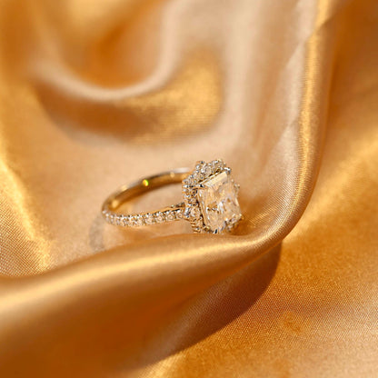 Solid Gold Cathedral Setting Radiant Cut Moissanite Engagement Ring, Halo Pave Vintage Style Ring