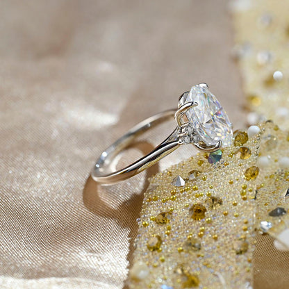 Solid Gold Cathedral Setting Oval Cut Moissanite Engagement Ring, Side Cluster Wedding Ring